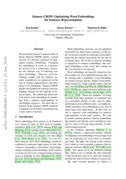 Siamese CBOW: Optimizing Word Embeddings for Sentence Representations