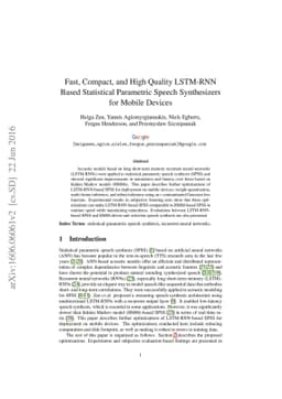 Fast, Compact, and High Quality LSTM-RNN Based Statistical Parametric
  Speech Synthesizers for Mobile Devices