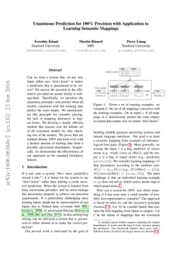 Unanimous Prediction for 100% Precision with Application to Learning
  Semantic Mappings
