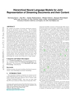 Hierarchical Neural Language Models for Joint Representation of
  Streaming Documents and their Content