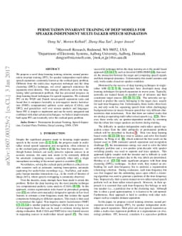 Permutation Invariant Training of Deep Models for Speaker-Independent
  Multi-talker Speech Separation