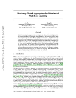 Bootstrap Model Aggregation for Distributed Statistical Learning