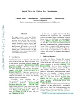 Bag of Tricks for Efficient Text Classification