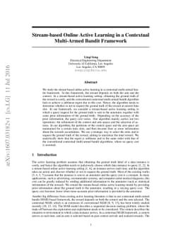 Stream-based Online Active Learning in a Contextual Multi-Armed Bandit
  Framework