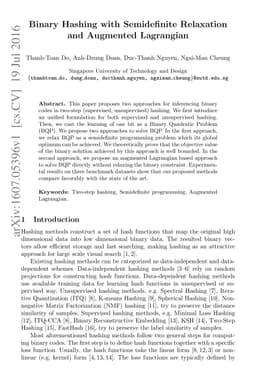 Binary Hashing with Semidefinite Relaxation and Augmented Lagrangian