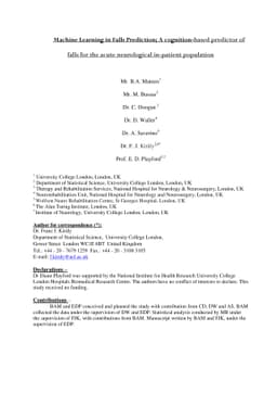 Machine Learning in Falls Prediction; A cognition-based predictor of
  falls for the acute neurological in-patient population