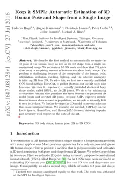 Keep it SMPL: Automatic Estimation of 3D Human Pose and Shape from a
  Single Image