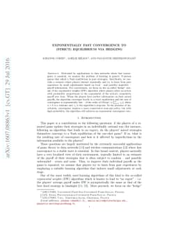 Exponentially fast convergence to (strict) equilibrium via hedging