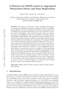 A Distance for HMMs based on Aggregated Wasserstein Metric and State
  Registration