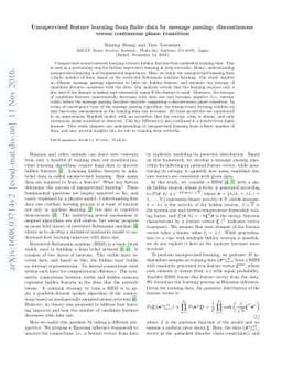 Unsupervised feature learning from finite data by message passing:
  discontinuous versus continuous phase transition