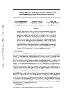 Learning HMMs with Nonparametric Emissions via Spectral Decompositions
  of Continuous Matrices