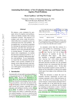Annotating Derivations: A New Evaluation Strategy and Dataset for
  Algebra Word Problems