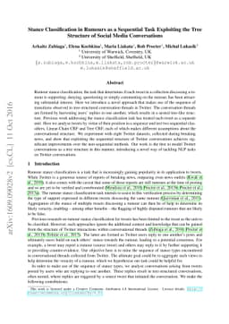 Stance Classification in Rumours as a Sequential Task Exploiting the
  Tree Structure of Social Media Conversations
