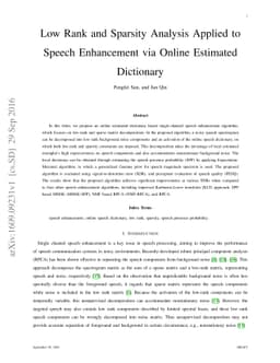 Low Rank and Sparsity Analysis Applied to Speech Enhancement via Online
  Estimated Dictionary