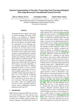 Sentence Segmentation in Narrative Transcripts from Neuropsychological
  Tests using Recurrent Convolutional Neural Networks