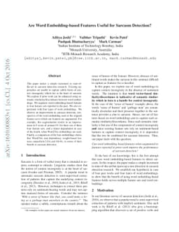 Are Word Embedding-based Features Useful for Sarcasm Detection?
