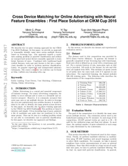 Cross Device Matching for Online Advertising with Neural Feature
  Ensembles : First Place Solution at CIKM Cup 2016