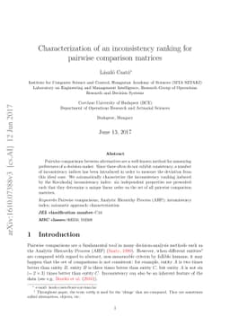 Characterization of an inconsistency ranking for pairwise comparison
  matrices