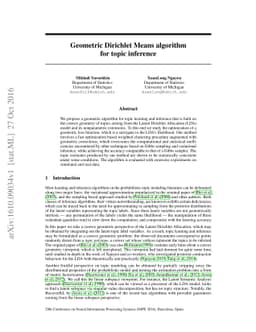 Geometric Dirichlet Means algorithm for topic inference