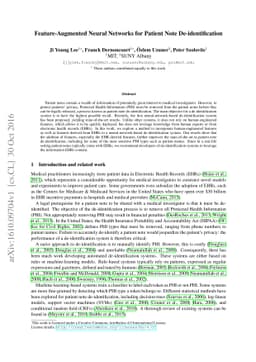 Feature-Augmented Neural Networks for Patient Note De-identification