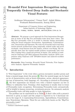 Bi-modal First Impressions Recognition using Temporally Ordered Deep
  Audio and Stochastic Visual Features