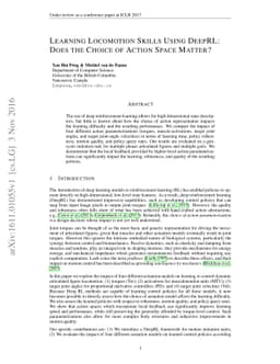 Learning Locomotion Skills Using DeepRL: Does the Choice of Action Space
  Matter?