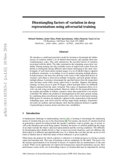 Disentangling factors of variation in deep representations using
  adversarial training