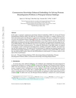 Commonsense Knowledge Enhanced Embeddings for Solving Pronoun
  Disambiguation Problems in Winograd Schema Challenge