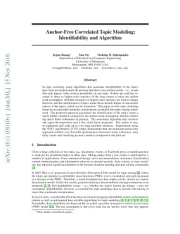 Anchor-Free Correlated Topic Modeling: Identifiability and Algorithm