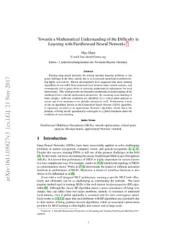 Towards a Mathematical Understanding of the Difficulty in Learning with
  Feedforward Neural Networks