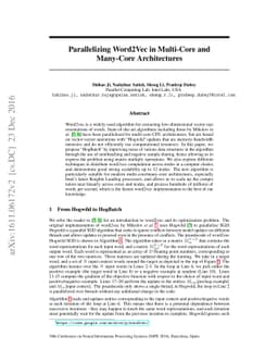 Parallelizing Word2Vec in Multi-Core and Many-Core Architectures