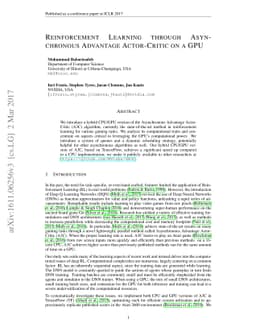Reinforcement Learning through Asynchronous Advantage Actor-Critic on a
  GPU