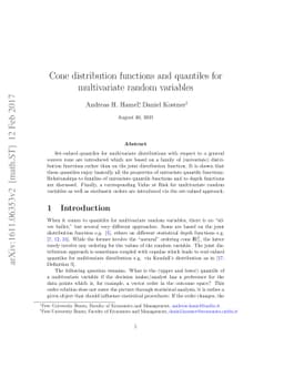 Cone distribution functions and quantiles for multivariate random
  variables