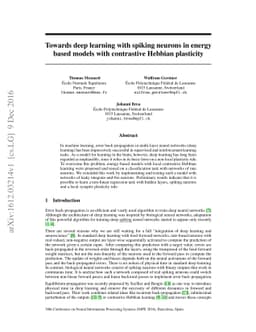 Towards deep learning with spiking neurons in energy based models with
  contrastive Hebbian plasticity