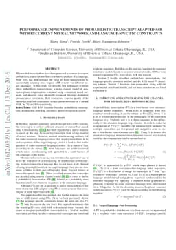 Performance Improvements of Probabilistic Transcript-adapted ASR with
  Recurrent Neural Network and Language-specific Constraints