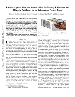 Efficient Optical flow and Stereo Vision for Velocity Estimation and
  Obstacle Avoidance on an Autonomous Pocket Drone
