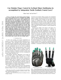 Can Modular Finger Control for In-Hand Object Stabilization be
  accomplished by Independent Tactile Feedback Control Laws?