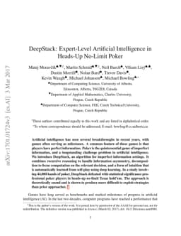 DeepStack: Expert-Level Artificial Intelligence in No-Limit Poker