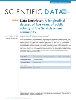 A longitudinal dataset of five years of public activity in the Scratch
  online community