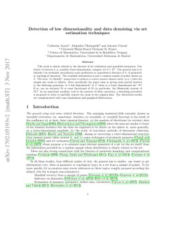 Detection of low dimensionality and data denoising via set estimation
  techniques