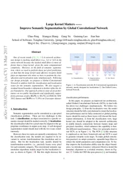 Large Kernel Matters -- Improve Semantic Segmentation by Global
  Convolutional Network