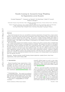 Transfer Learning by Asymmetric Image Weighting for Segmentation across
  Scanners