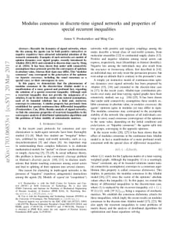 Modulus consensus in discrete-time signed networks and properties of
  special recurrent inequalities