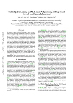 Multi-Objective Learning and Mask-Based Post-Processing for Deep Neural
  Network Based Speech Enhancement