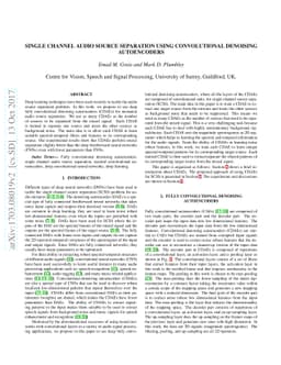 Single Channel Audio Source Separation using Convolutional Denoising
  Autoencoders