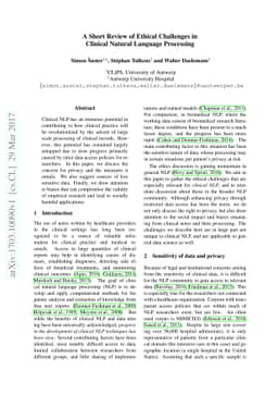 A Short Review of Ethical Challenges in Clinical Natural Language
  Processing