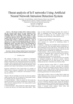 Threat analysis of IoT networks Using Artificial Neural Network
  Intrusion Detection System