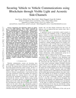 Securing Vehicle to Vehicle Communications using Blockchain through
  Visible Light and Acoustic Side-Channels