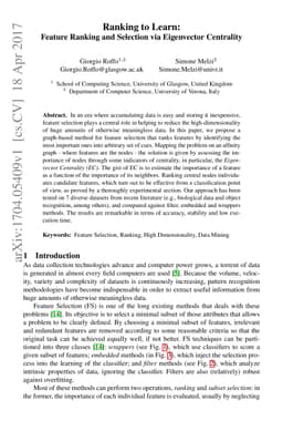 Ranking to Learn: Feature Ranking and Selection via Eigenvector
  Centrality