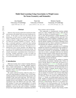 Multi-Task Learning Using Uncertainty to Weigh Losses for Scene Geometry
  and Semantics